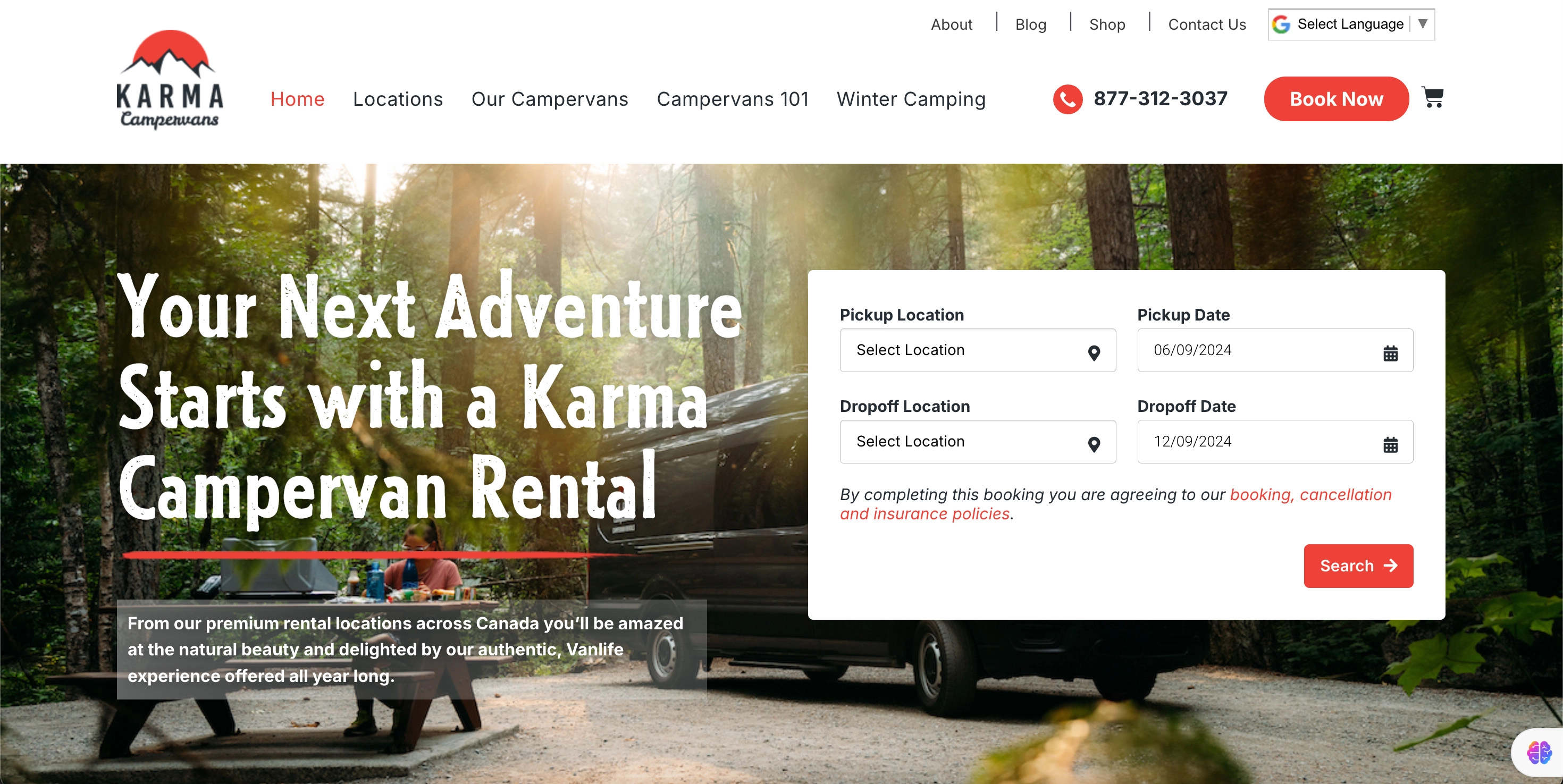 KarmaCampervans Website screenshot image